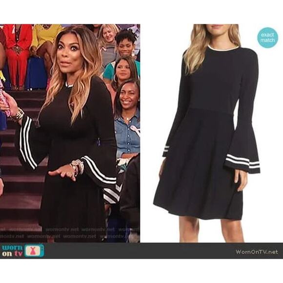 Eliza J Stripe Bell Sleeve Fit & Flare Dress Black White Women's Size Small NWT - Picture 2 of 14